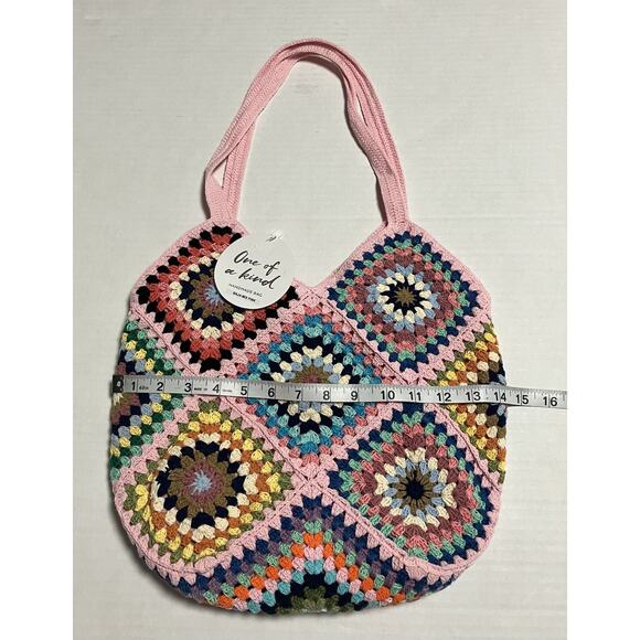 Womens Street Level Boho Crocheted Lined Handbag Granny Square Tote Multi NWT - Picture 12 of 14